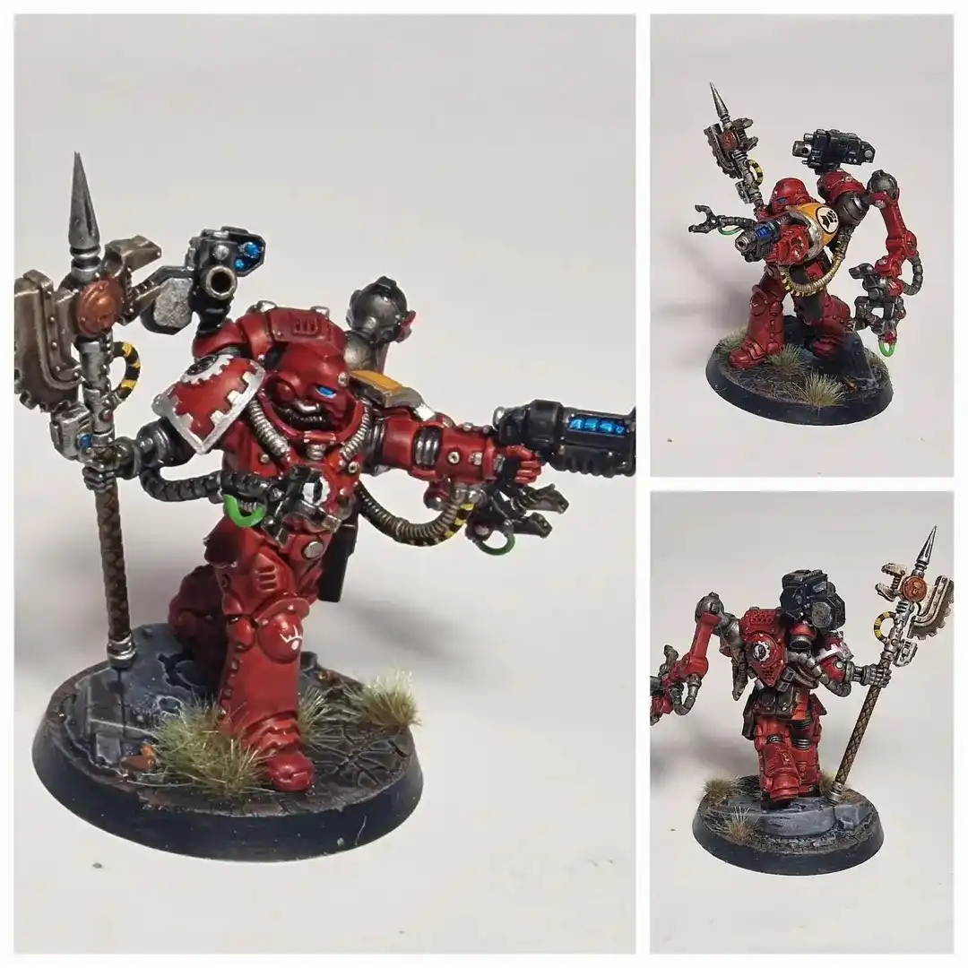 Three photos of a red-painted, heavily armored miniature warrior with mechanical limbs and weapons, shown from different…