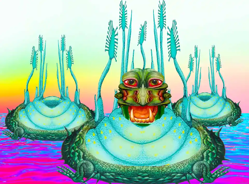 A surreal, psychedelic illustration shows three green, reptilian-like creatures with spiky, plant-like appendages emerging…