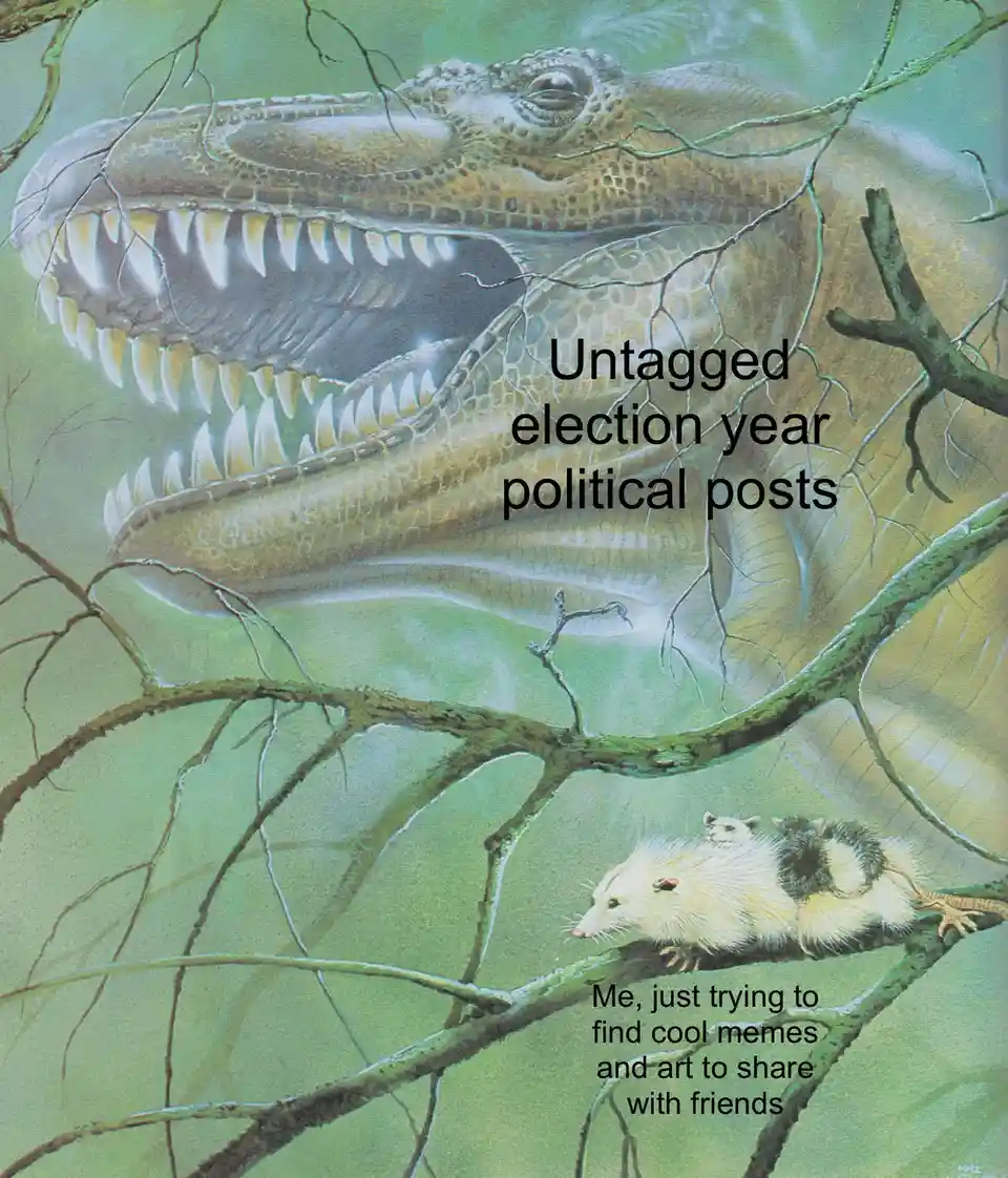 An illustration shows a large, menacing Tyrannosaurus Rex looming in the background with its mouth open, while a small…