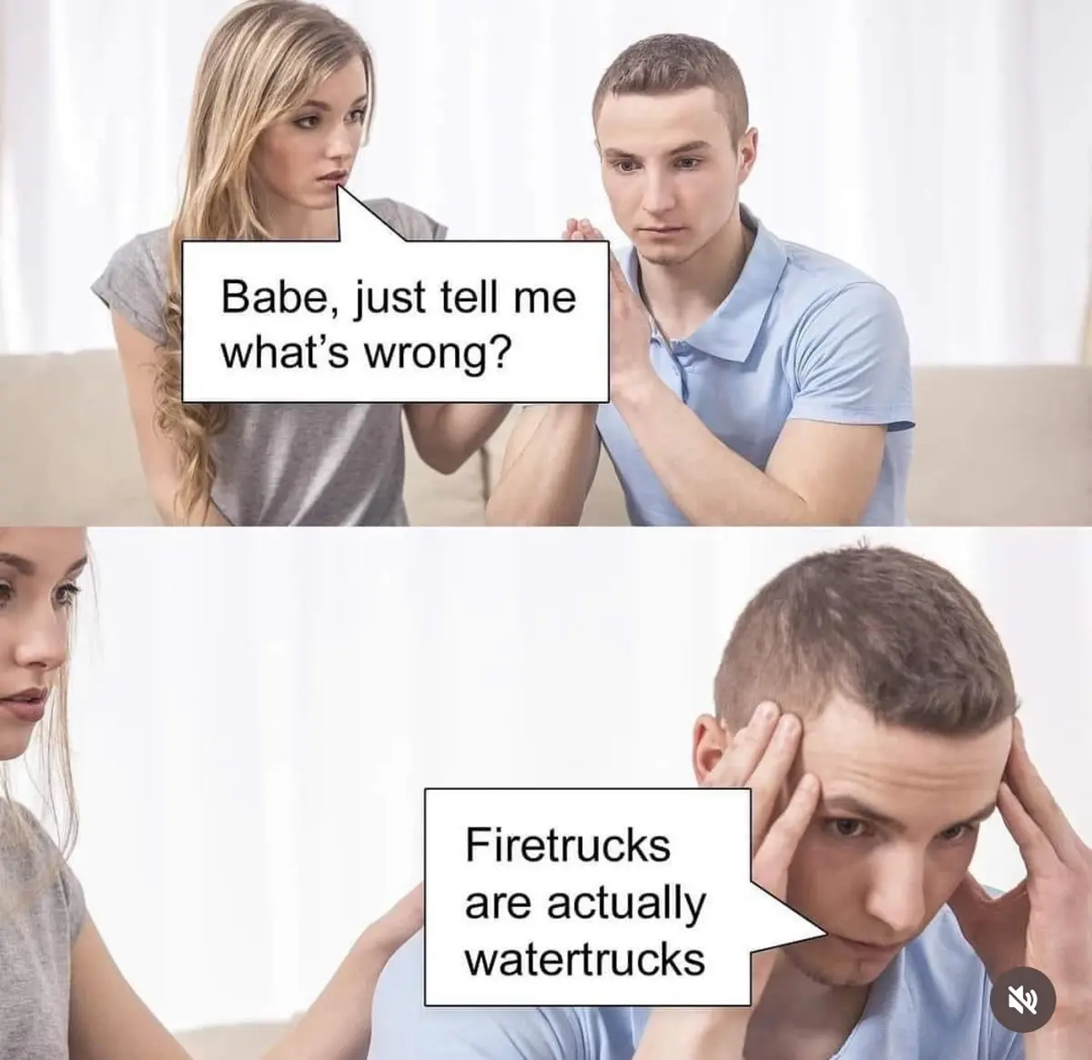 A two-panel image shows a woman asking a man, 'Babe, just tell me what's wrong?' in the top panel, while in the bottom…