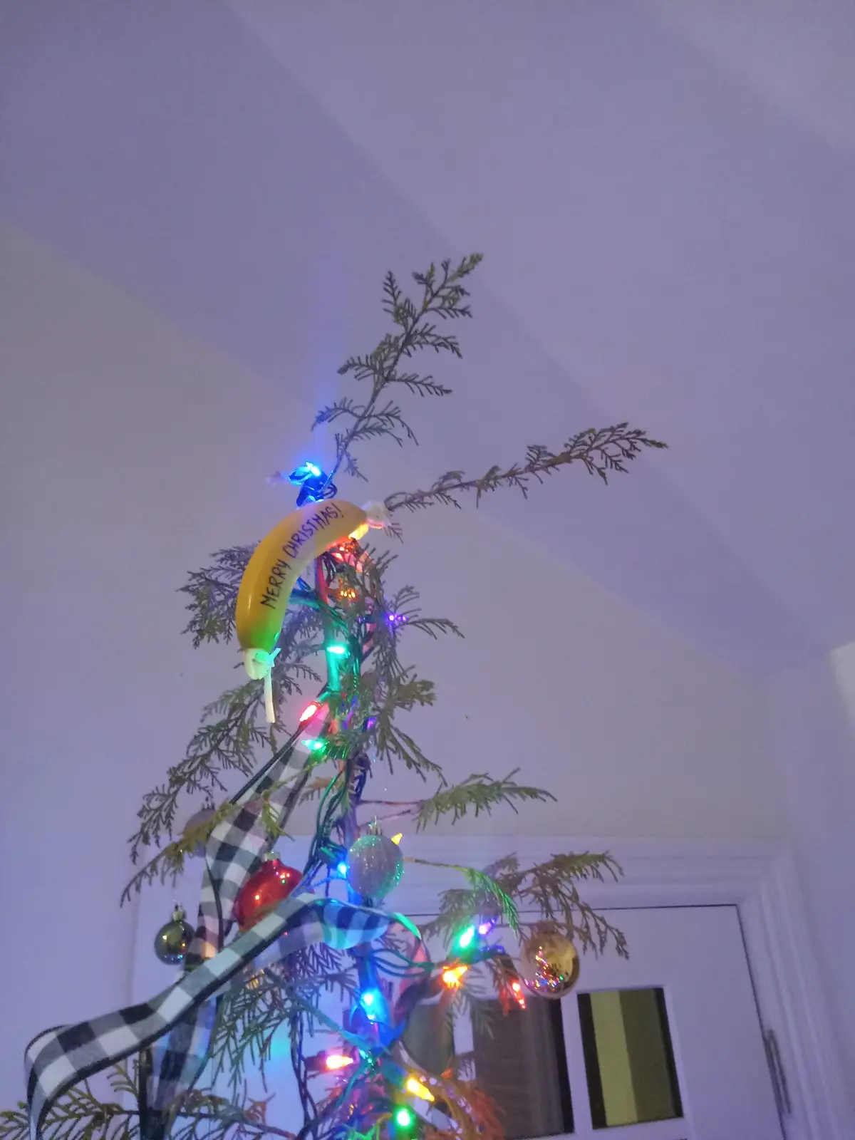 A decorated christmas tree with colorful lights, ornaments, and a black-and-white checkered ribbon has a yellow…