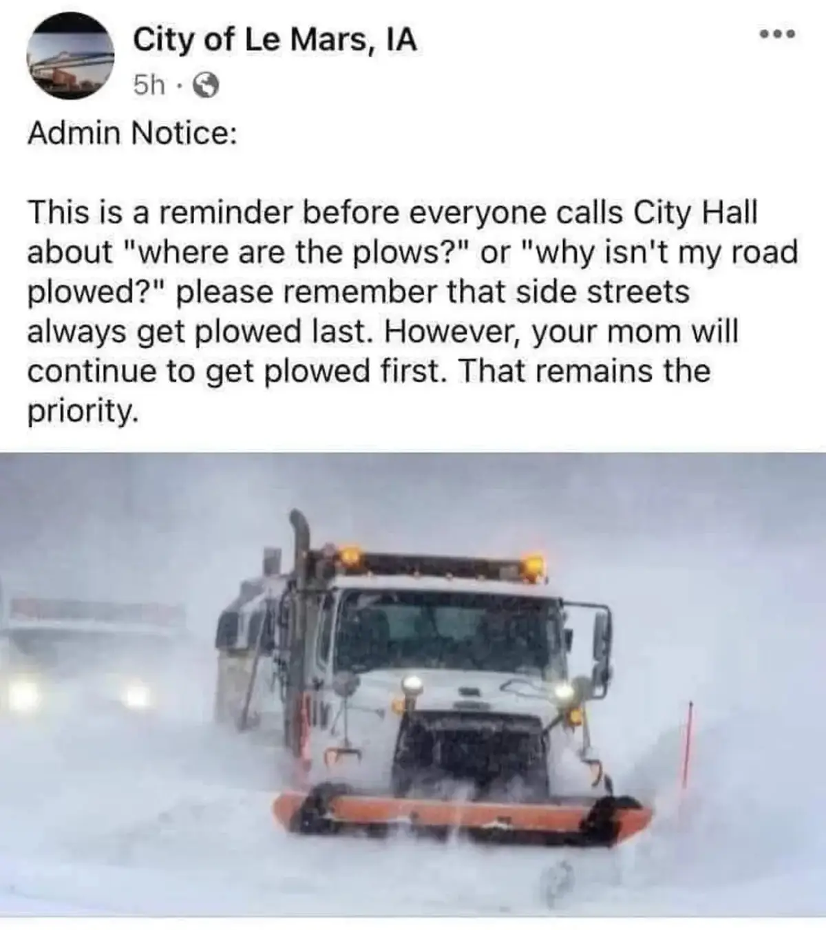 A screenshot of a Facebook post from the City of Le Mars, IA, showing an admin notice about snow plowing priorities. The…