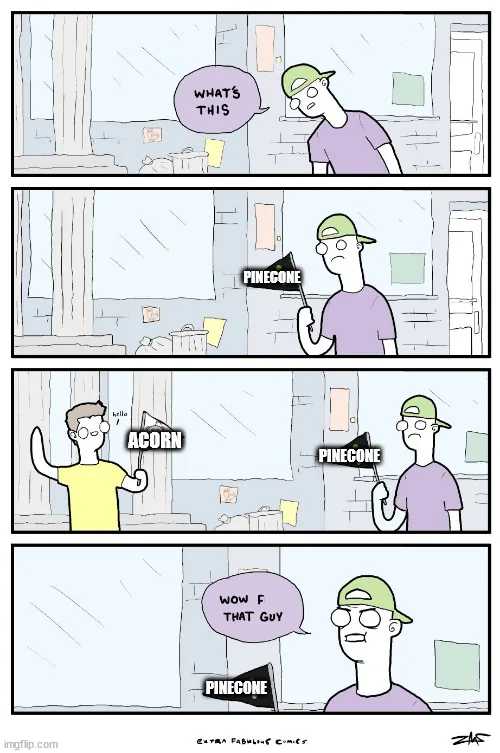 A four-panel comic strip shows a man holding a pinecone and asking 'WHAT'S THIS?' Another man points to the pinecone and…