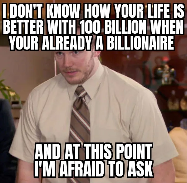 A man in a beige shirt and striped tie looks confused and slightly annoyed, with bold white text overlaid in two sections…