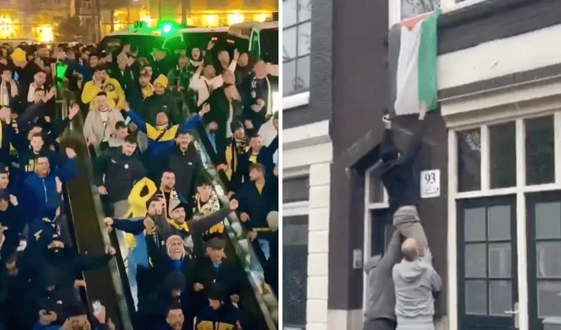 The image is a split-screen meme. On the left, a large crowd of football fans in black and yellow jerseys are cheering…