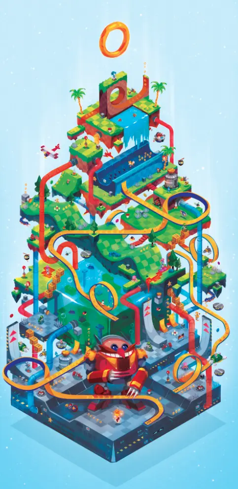 A colorful, isometric illustration of a complex, multi-level Sonic the Hedgehog race track with loops, ramps, and platforms…