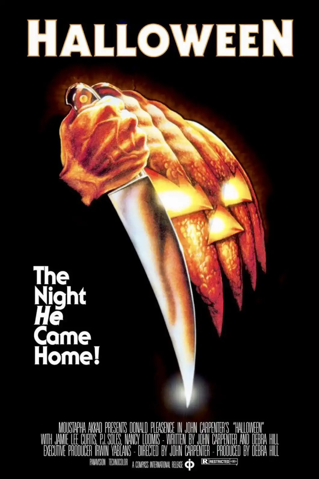 The image is the iconic movie poster for the 1978 horror film 'Halloween,' featuring a pale, bloody hand gripping a gleaming…