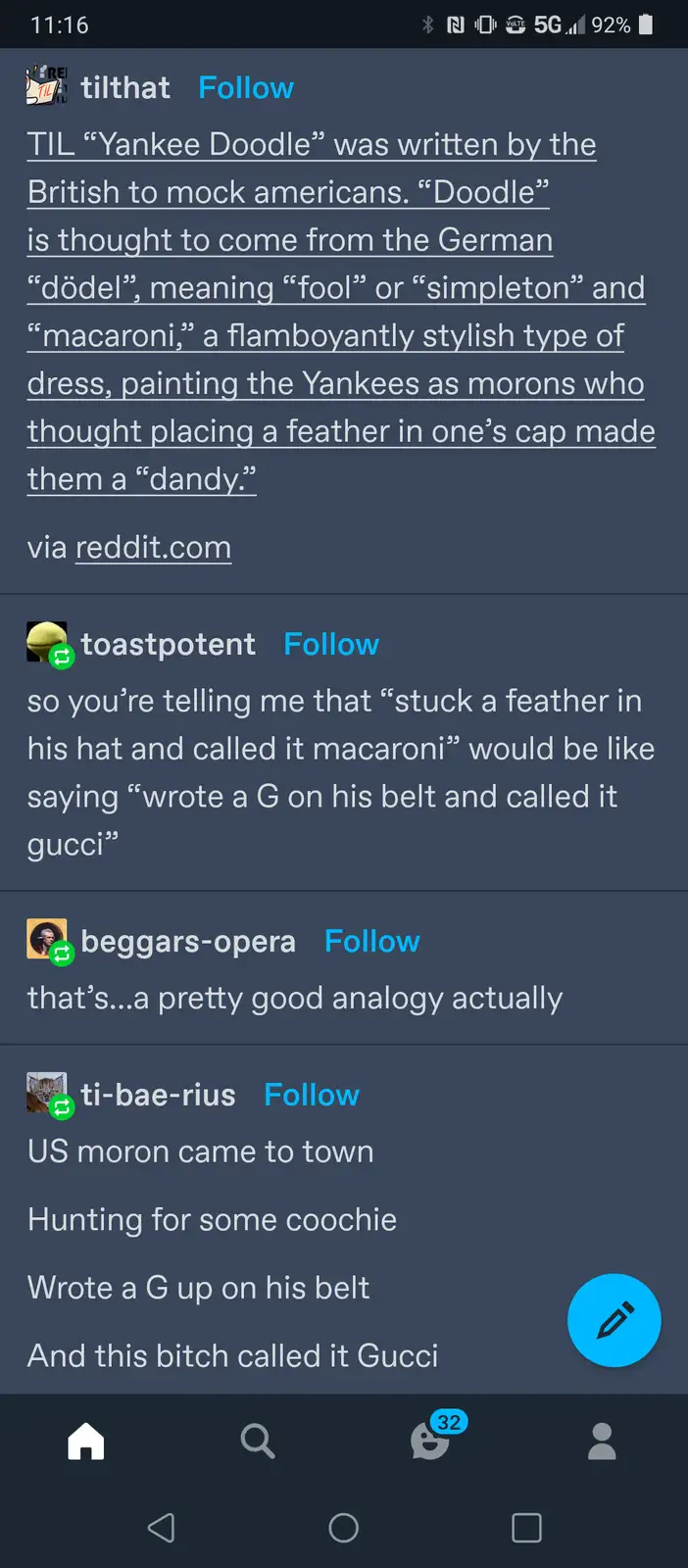 A screenshot of a Reddit thread where a user shares a 'TIL' (Today I Learned) fact that 'Yankee Doodle' was written by the…