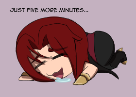 A cartoon character with red hair and a black outfit is lying face-down on the floor, eyes closed and mouth open in a groan…