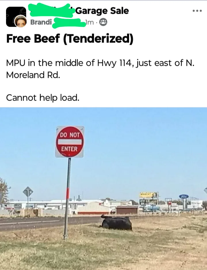 A screenshot of a Facebook post with a blurred profile and location, advertising 'Free Beef (Tenderized)' with a note that…