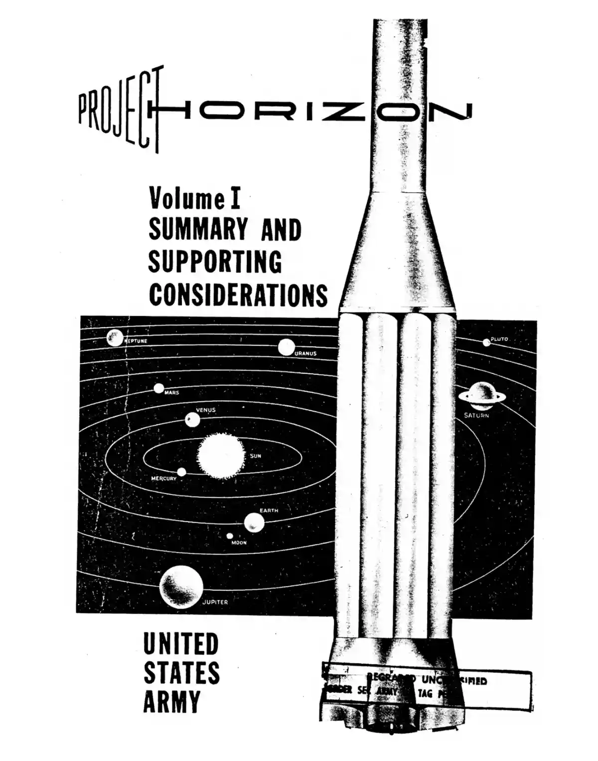 A black-and-white cover of a 1950s U.S. Army document titled 'Project Horizon Volume I Summary and Supporting…