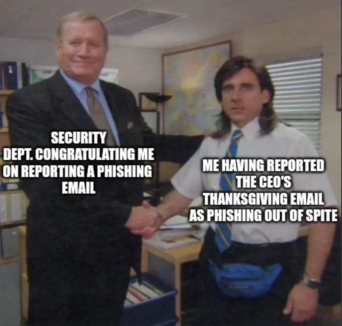 Two men are shaking hands in an office setting. The man on the left, in a dark suit, is labeled 'SECURITY DEPT…