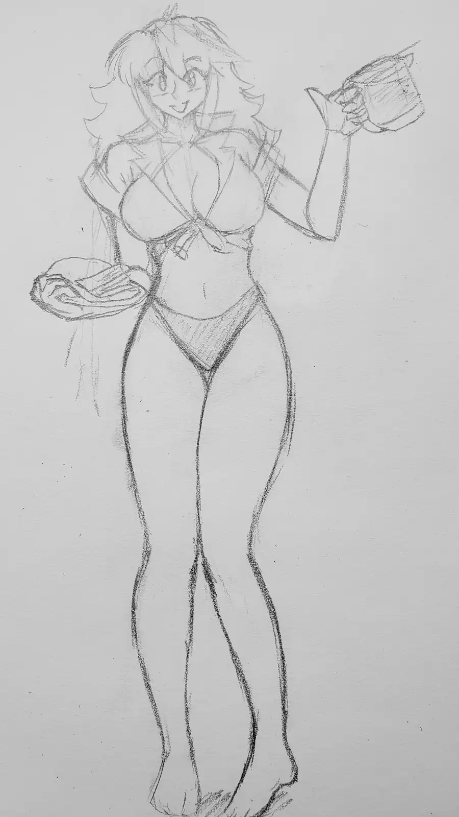 A pencil sketch of an anime-style woman in a bikini holding a mug and a towel, with the text 'i'm not a fan of the new…