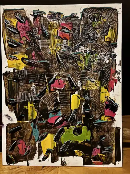 a colorful abstract painting on canvas with bold brushstrokes, featuring fragmented shapes in pink, yellow, green, and black…