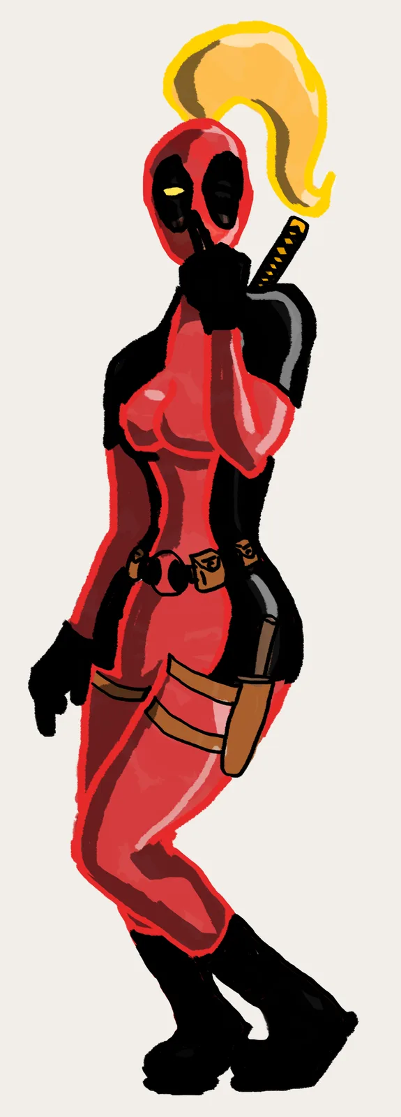 A stylized drawing of a female character in a red and black Deadpool-style suit with a blonde ponytail, holding a finger to…