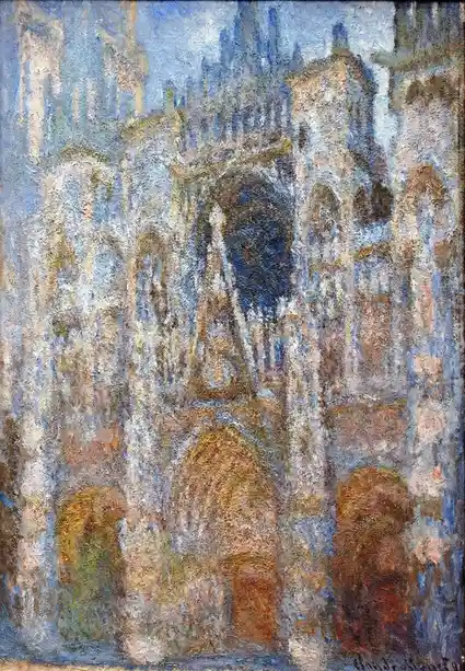 The image is Claude Monet's impressionistic painting of the facade of Notre-Dame Cathedral in Paris, rendered in soft…