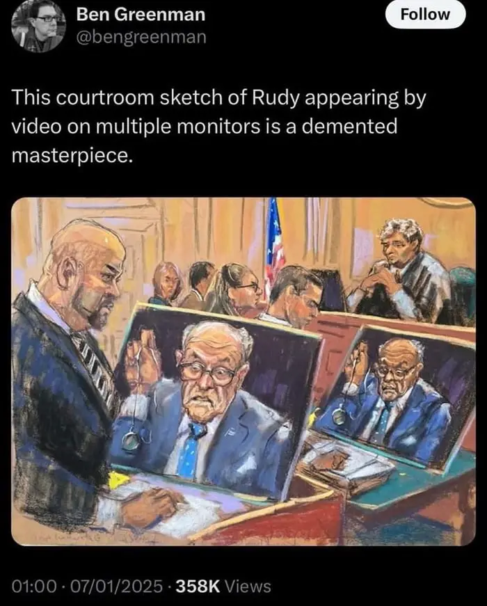 A courtroom sketch shows a man in a suit standing at a podium, with two identical video monitors displaying the same older…
