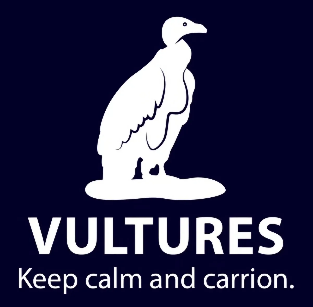 A white silhouette of a vulture standing on a pedestal against a dark blue background. Below the bird, the word 'VULTURES'…
