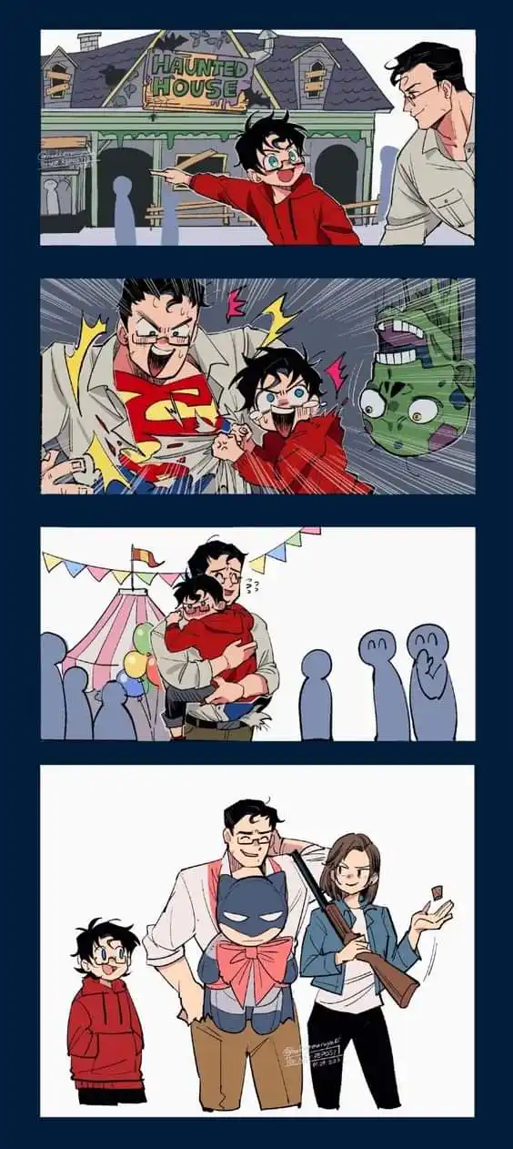 A four-panel comic strip shows a child excitedly pointing at a haunted house, then being scared by a zombie while being held…