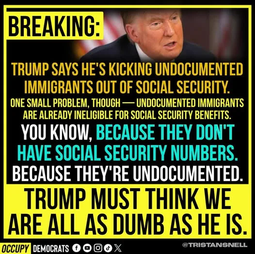 A meme featuring a photo of Donald Trump with overlaid text in bold yellow and cyan fonts. The text sarcastically claims…