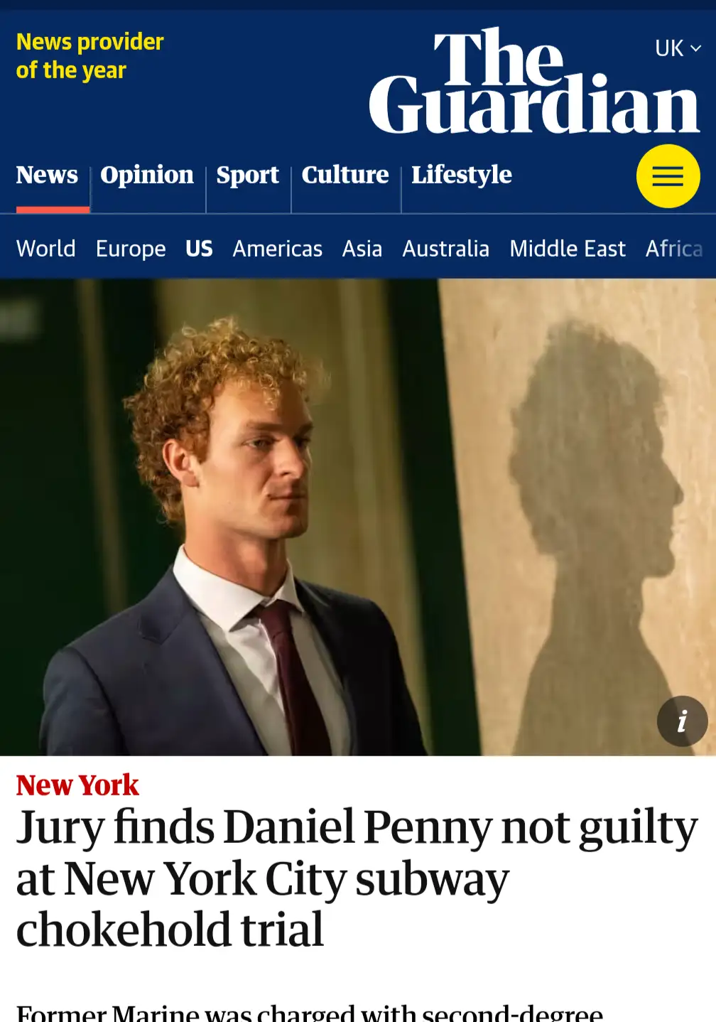 The image shows a screenshot of The Guardian's news website featuring a headline about Daniel Penny being found not guilty…