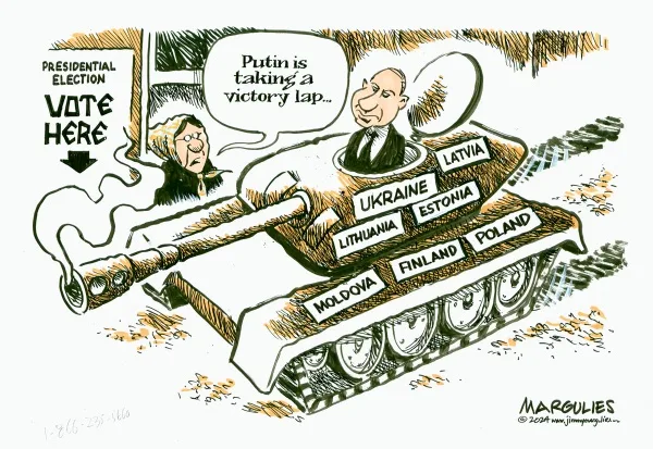 A cartoon depicts Vladimir Putin sitting atop a tank labeled with Eastern European countries including Ukraine, Latvia…