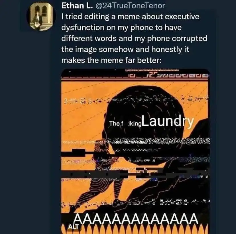 A corrupted meme image shows a stylized black silhouette of a person struggling under the weight of a giant black brain. The…