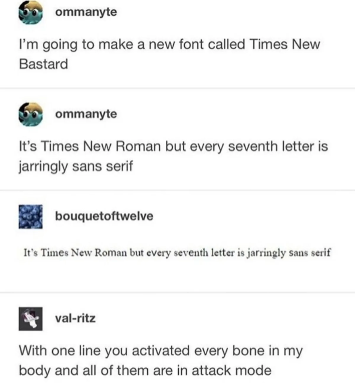 A screenshot of a social media thread shows user 'ommanyte' announcing a font called 'Times New Bastard,' defined as Times…