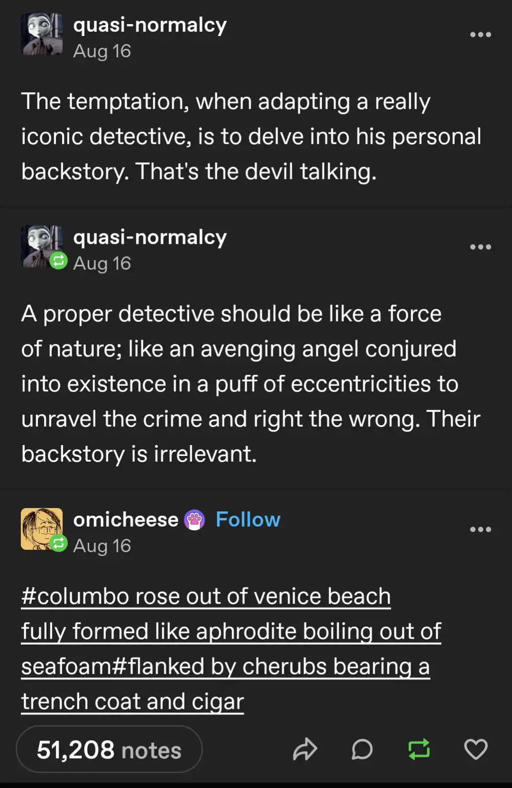 A screenshot of a Tumblr thread shows a user arguing that detective backstories are irrelevant, and another user replies…