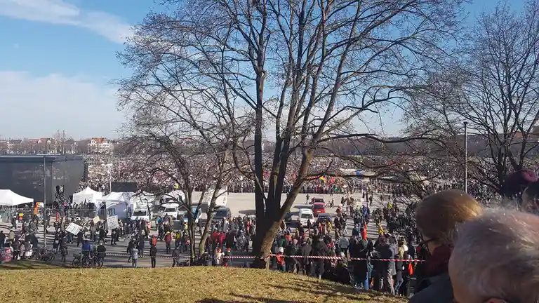 A wide-angle photo shows a massive outdoor crowd gathered for a protest or rally under a clear blue sky, with bare trees in…