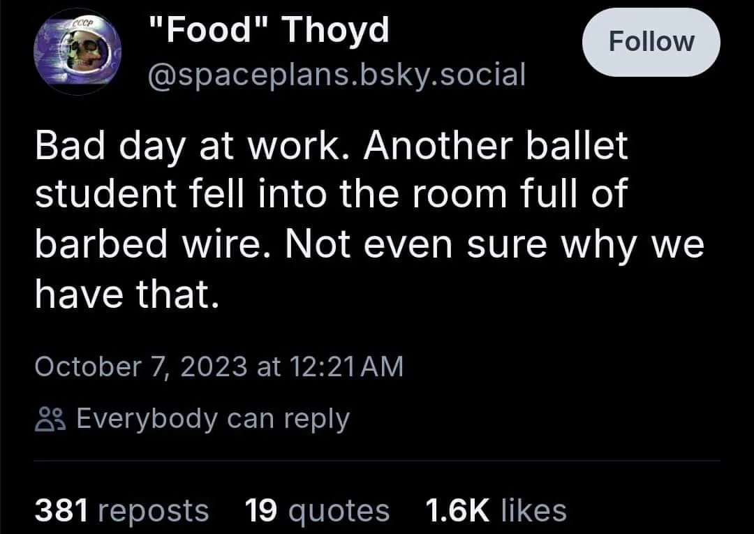 A screenshot of a social media post by 'Food' Thoyd, showing a dark-themed interface with white text. The post reads: 'Bad…