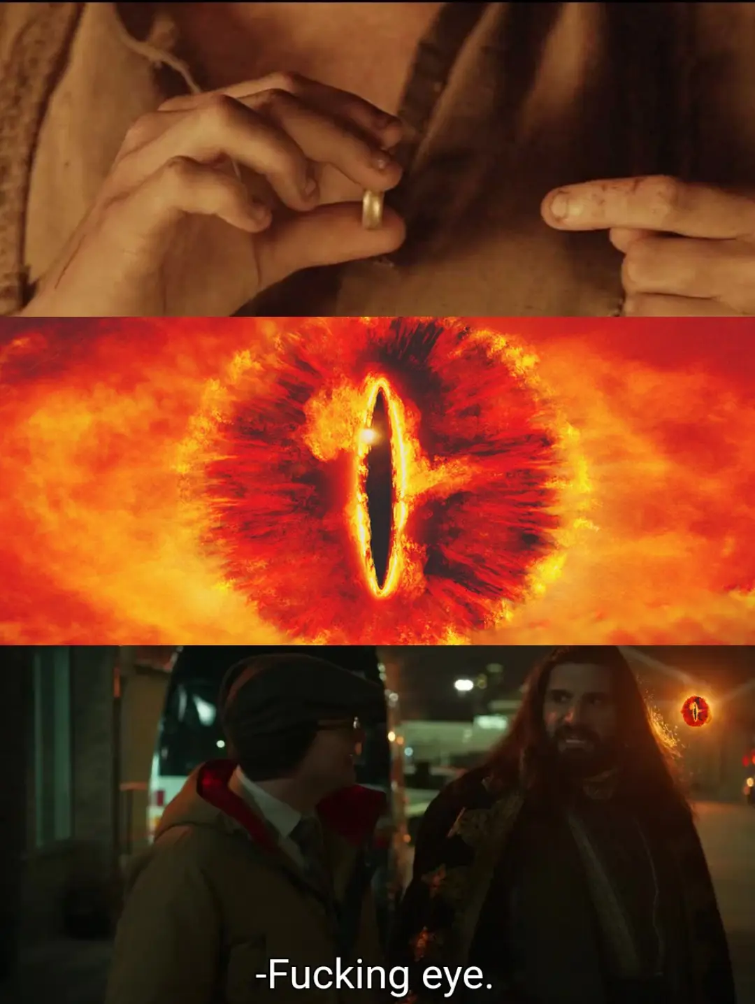 The image is a three-panel meme. The top panel shows a close-up of a hand holding a small, golden ring. The middle panel…