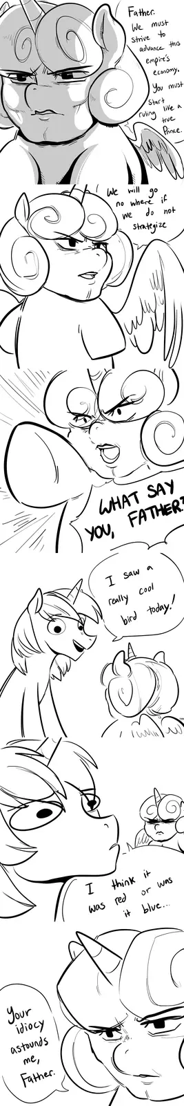A black-and-white comic strip featuring stylized pony characters in a dramatic, serious tone. A regal-looking pony with…