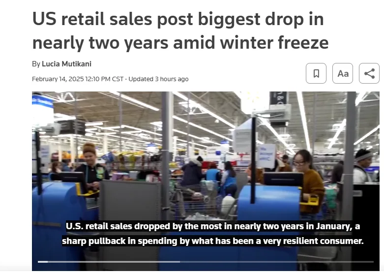 A screenshot of a news article headline about U.S. retail sales dropping sharply in January, overlaid with a caption that…