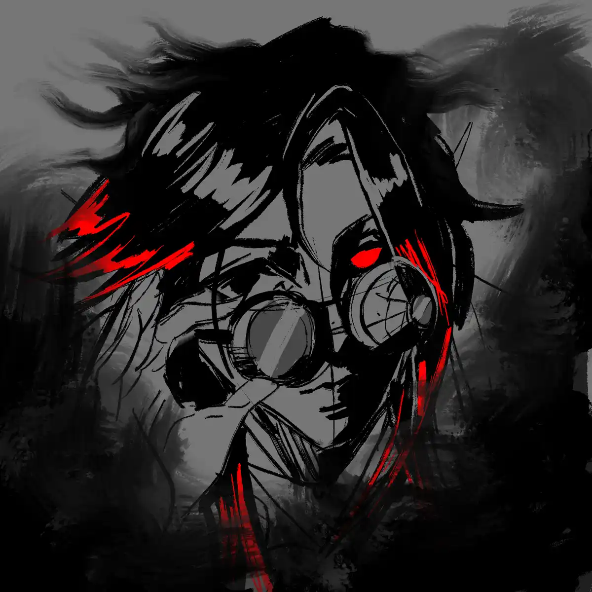 A stylized anime character with dark, flowing hair and glowing red eyes wears a gas mask with a visible filter. Red streaks…