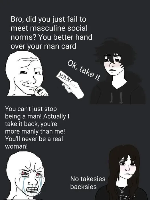 A two-panel meme featuring a man handing a 'MAN' card to a person who looks resigned, then a woman crying while another…