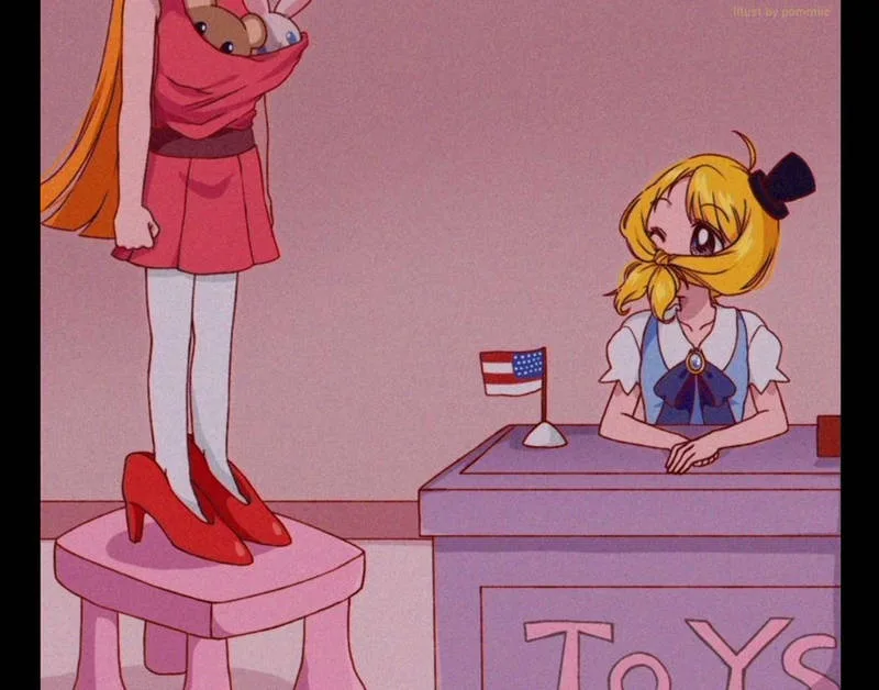 An anime-style image shows a tall girl in a pink dress and red heels standing on a pink stool, holding a teddy bear. Across…