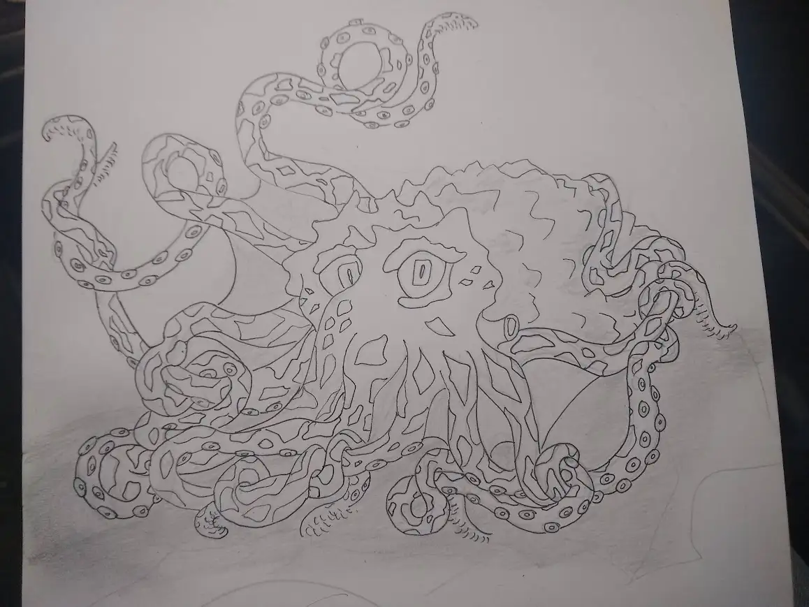A hand-drawn pencil sketch of a large, detailed octopus with many tentacles, some curled and others extended, on white…