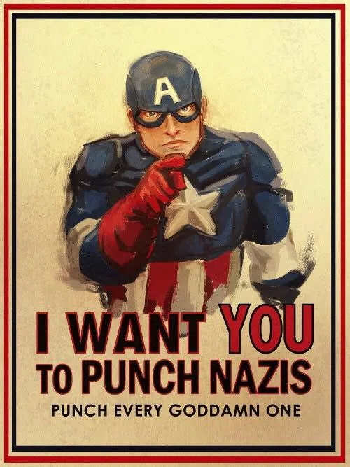 A vintage-style recruitment poster features Captain America in his classic blue, white, and red costume, pointing directly…