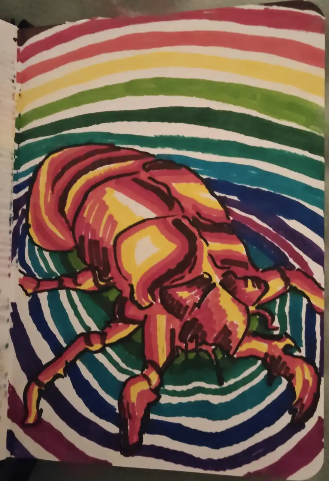 A colorful hand-drawn illustration of a crab with red and yellow stripes, set against a swirling rainbow background of…