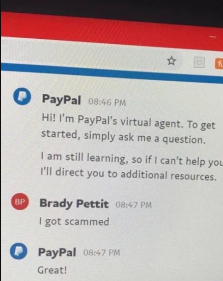 A screenshot of a PayPal chat interface shows a virtual agent greeting the user and stating it's still learning. The user…