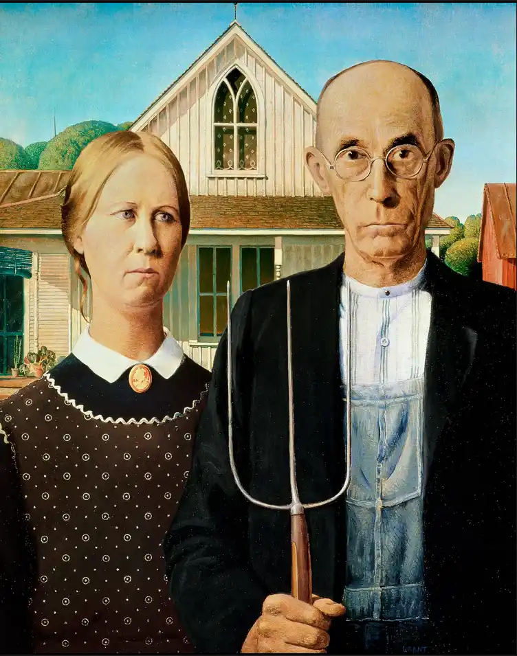 A still image of Grant Wood's famous painting 'American Gothic' featuring a stern-looking man holding a pitchfork and a…