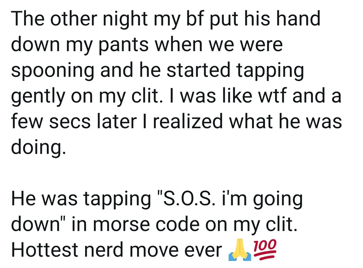 The image is a plain white background with black text describing a story where a boyfriend taps 'S.O.S. I'm going down' in…