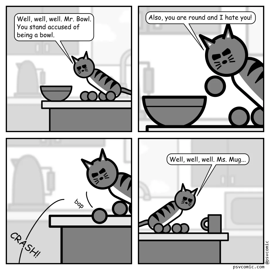 A four-panel black-and-white comic strip featuring a cartoon cat on a kitchen counter. In the first panel, the cat accuses a…