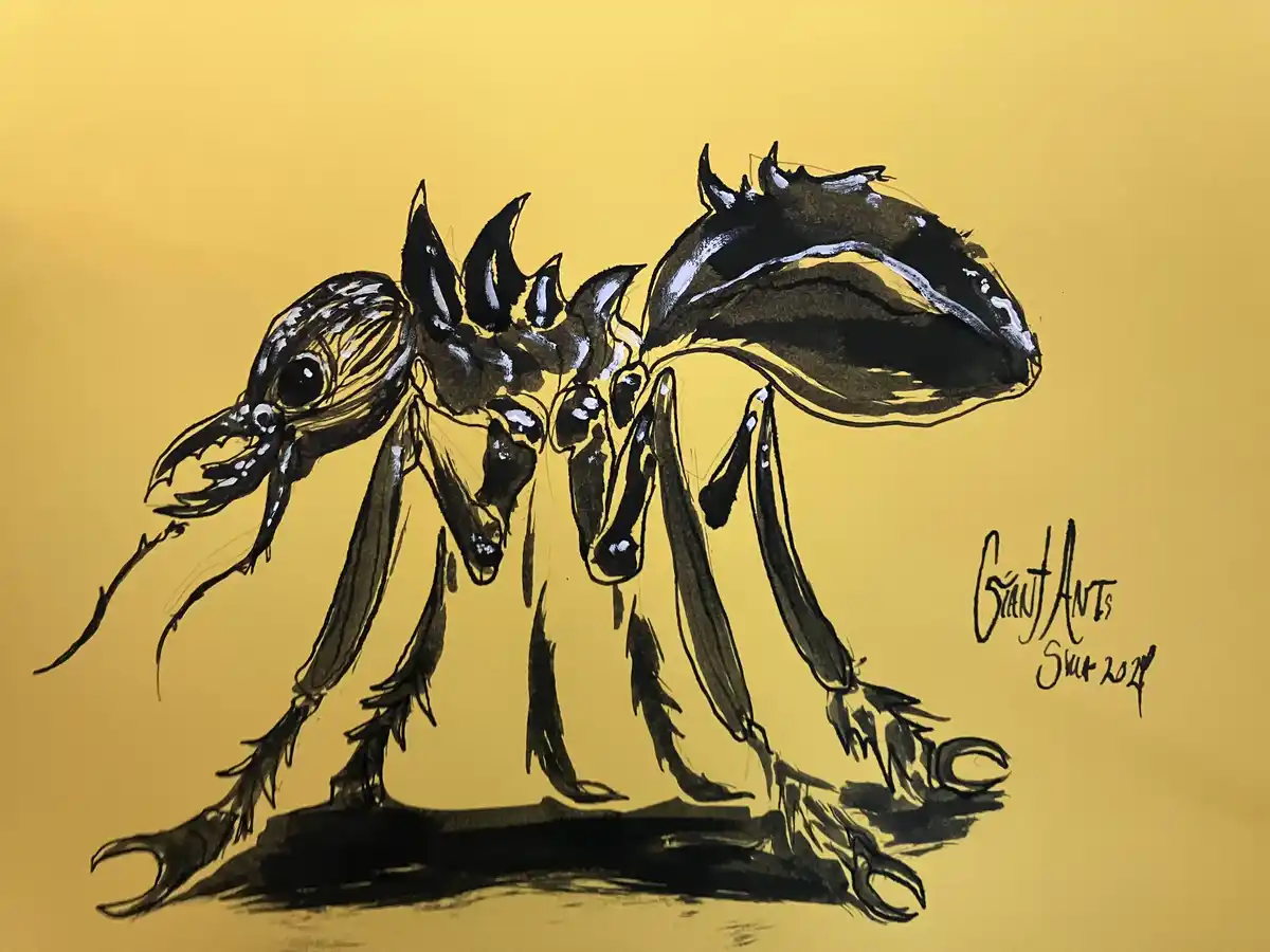 A stylized black ink drawing on a yellow background depicts a monstrous, giant ant with spiky armor, large mandibles, and…
