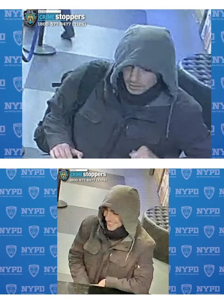 Two surveillance images show the same person wearing a dark hooded jacket and scarf, seated at a counter with an NYPD Crime…