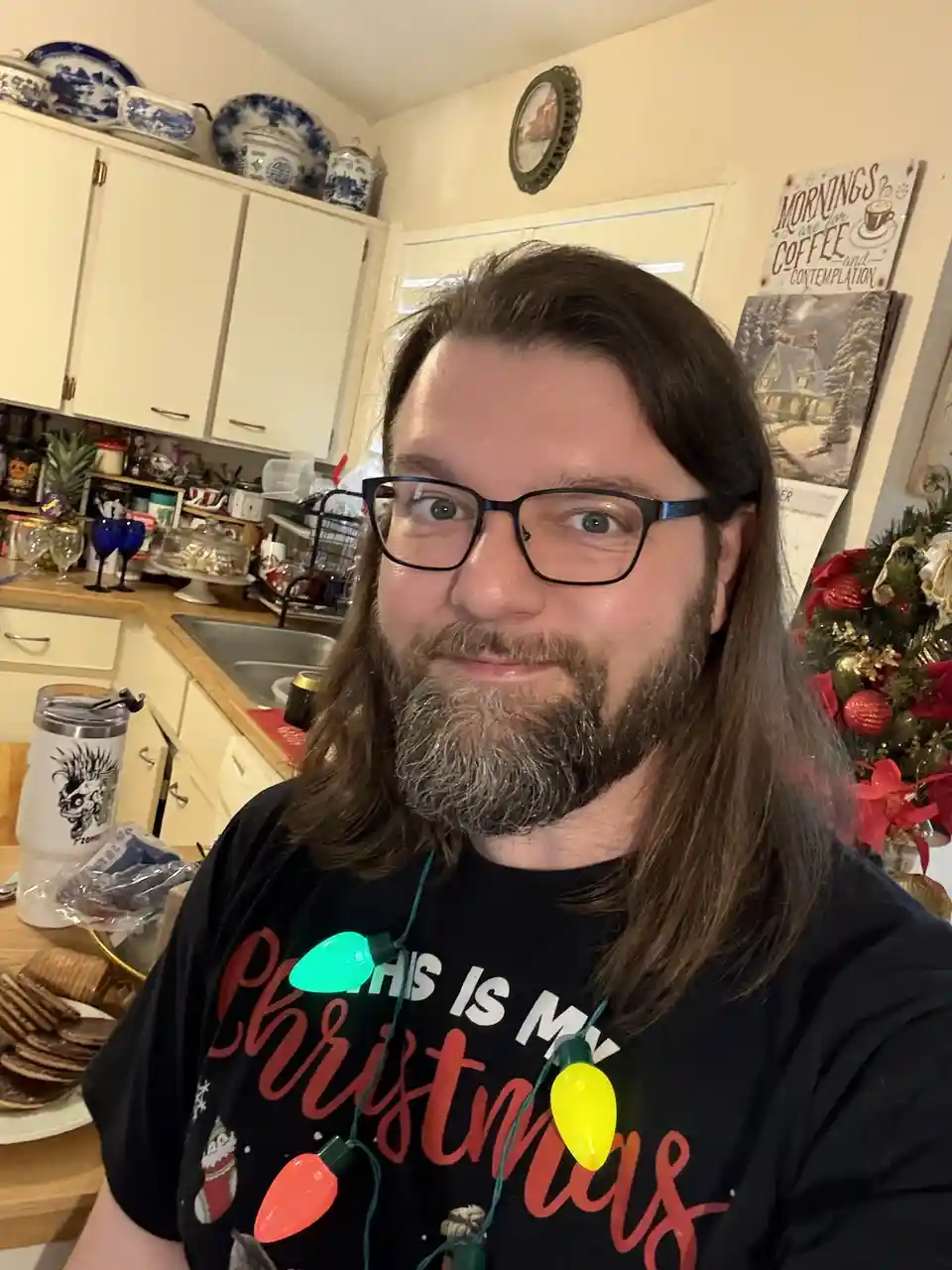 A man with long brown hair, glasses, and a beard smiles at the camera in a kitchen decorated for Christmas. He wears a black…