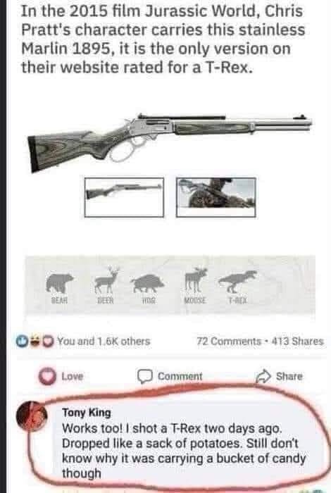An image of a stainless steel Marlin 1895 rifle with two smaller inset photos, overlaid with text claiming it's the only…