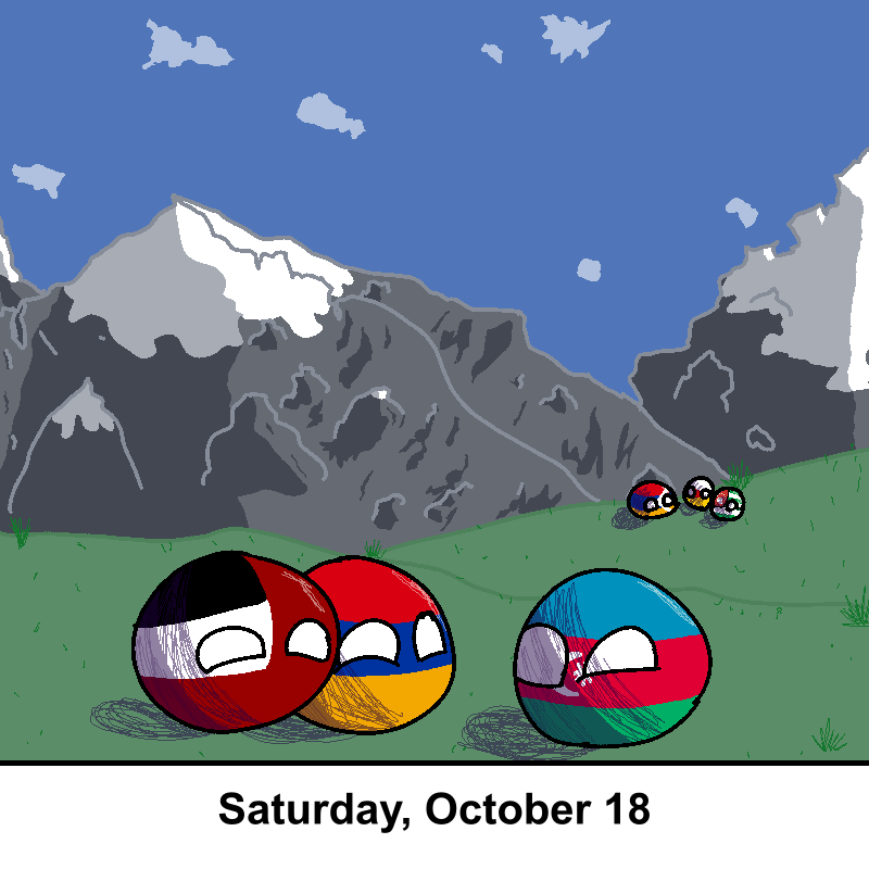 Three large, spherical characters representing countries with national flags on their bodies are shown in a mountainous…