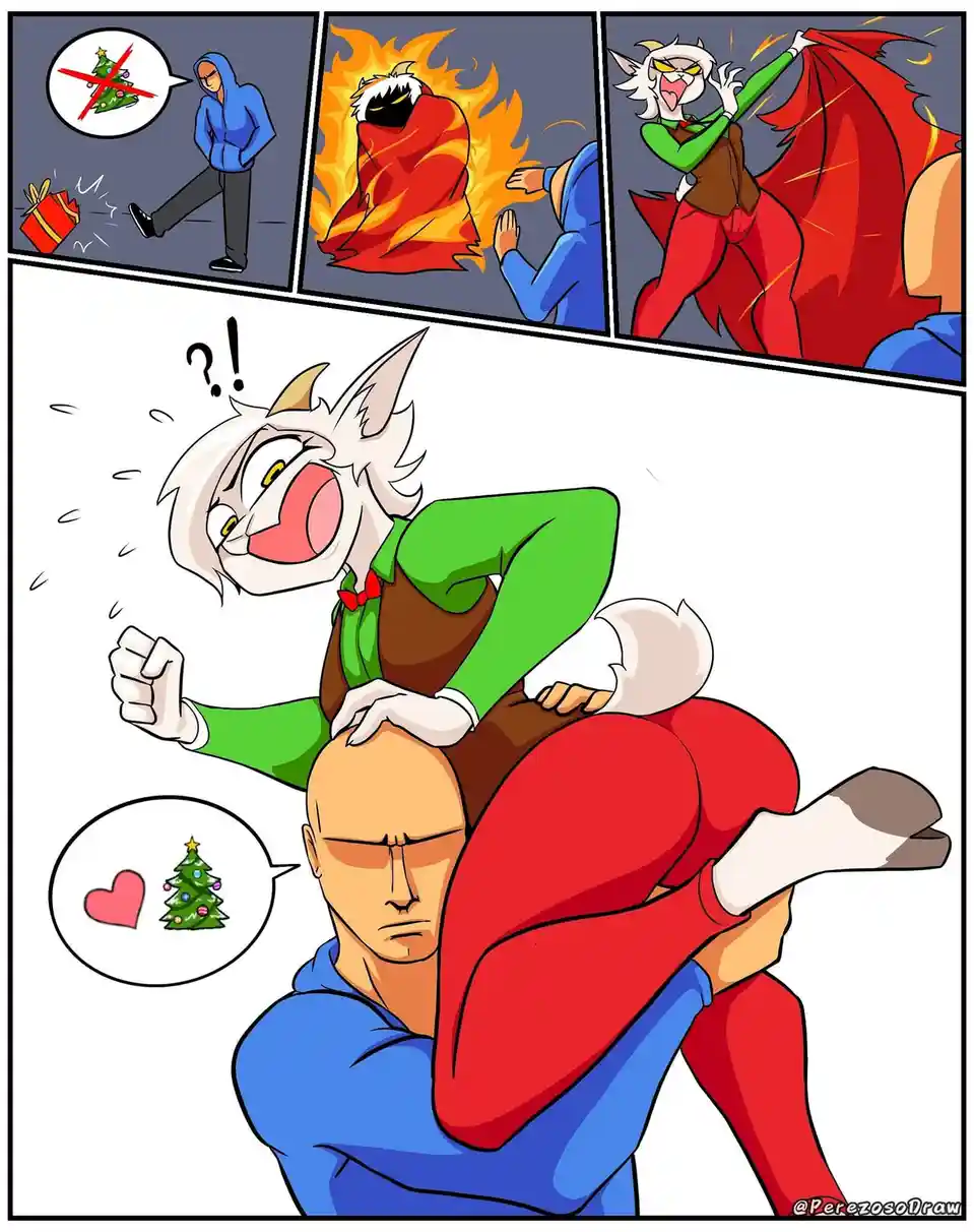 A four-panel comic shows a man in a blue hoodie kicking a gift, then being attacked by a fiery red dragon. The dragon…